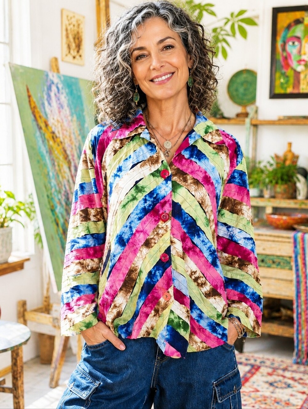 Patchington Vintage Multi Color Raw Strips Button Front Tie Dyed Jacket - L